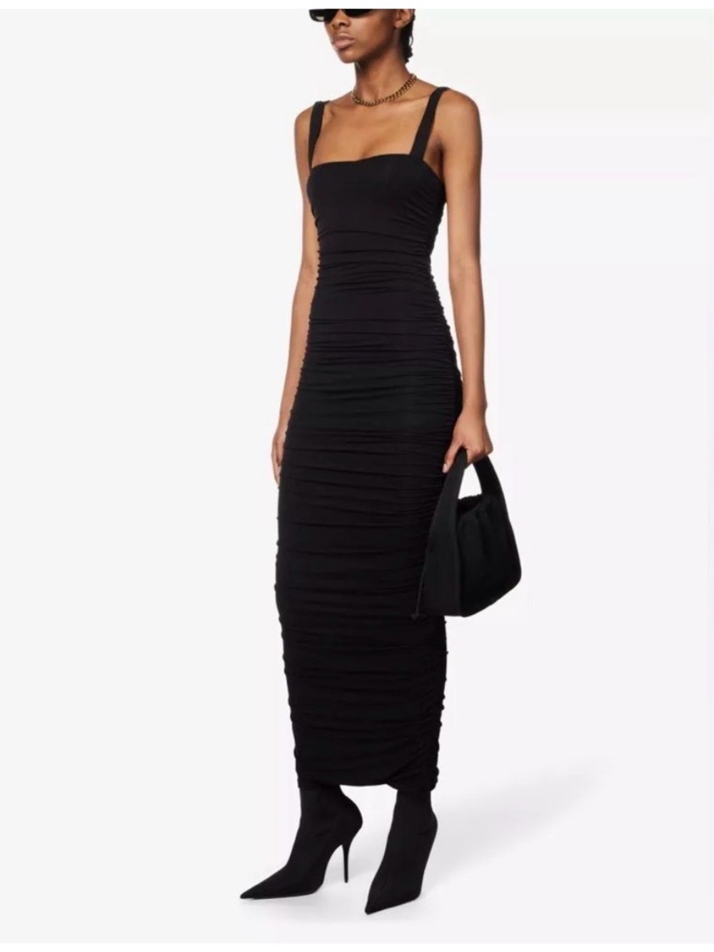 Good American Black Ruched Square-Neck Maxi Dress S
